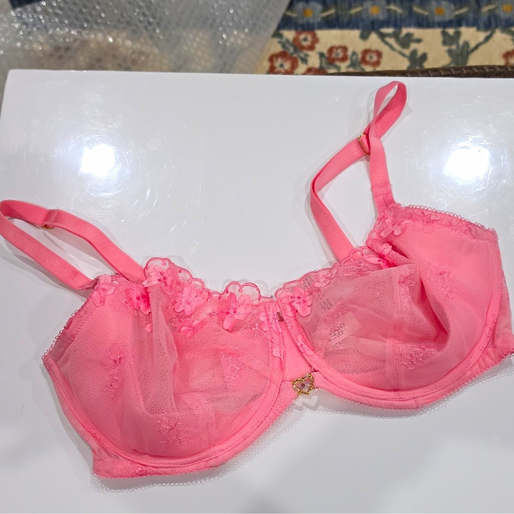 Victoria's Secret Dream Angels Pink Floral Lace Sheer Mesh Underwire Bra 36DD